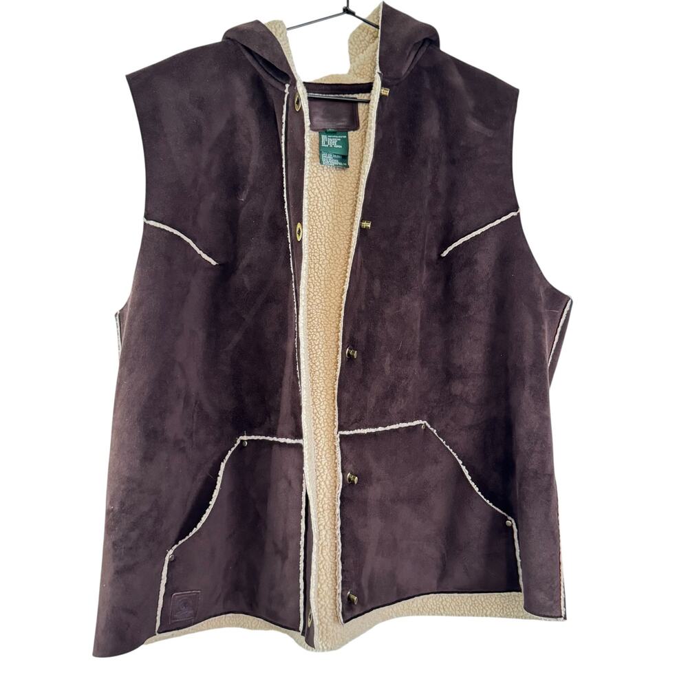 Lauren Ralph Lauren Hooded Womans Sherpa Lined Faux Suede Vest 2X Brown Gorp